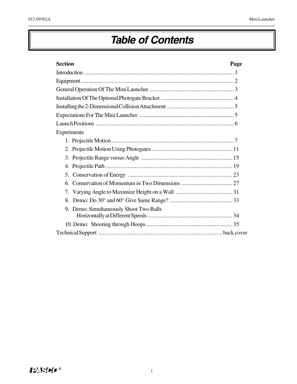 PASCO ME-6825A MINI LAUNCHER User Manual | Page 2 / 39