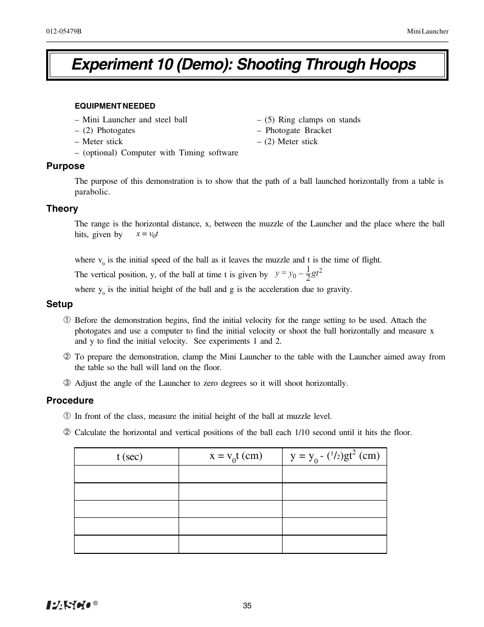 Experiment 10 (demo): shooting through hoops, T (sec) x = v, T (cm) y = y | PASCO ME-6825A MINI LAUNCHER User Manual | Page 37 / 39