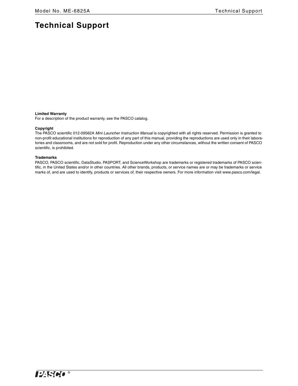 Technical support | PASCO ME-6825A MINI LAUNCHER User Manual | Page 39 / 39