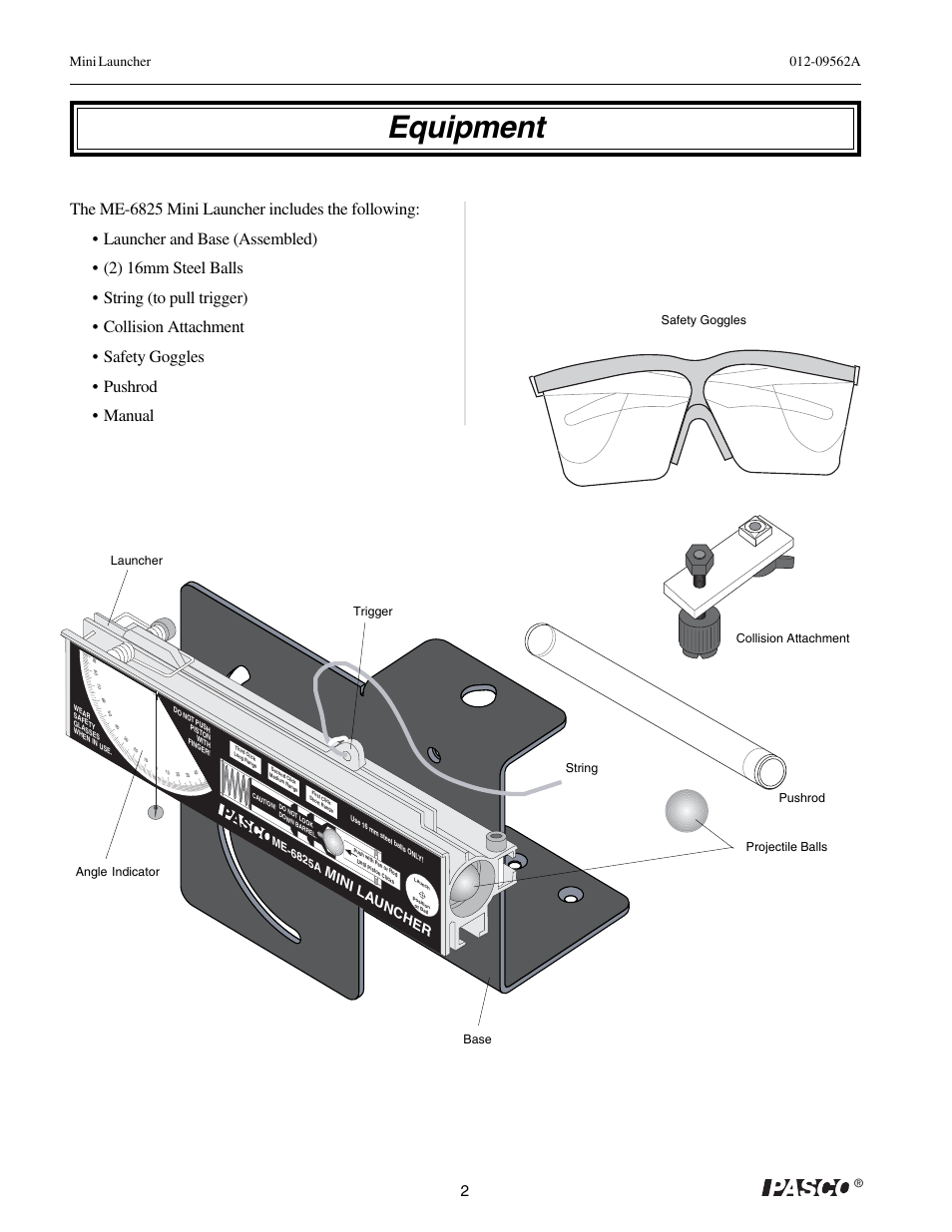Equipment, Mini la uncher | PASCO ME-6825A MINI LAUNCHER User Manual | Page 4 / 39