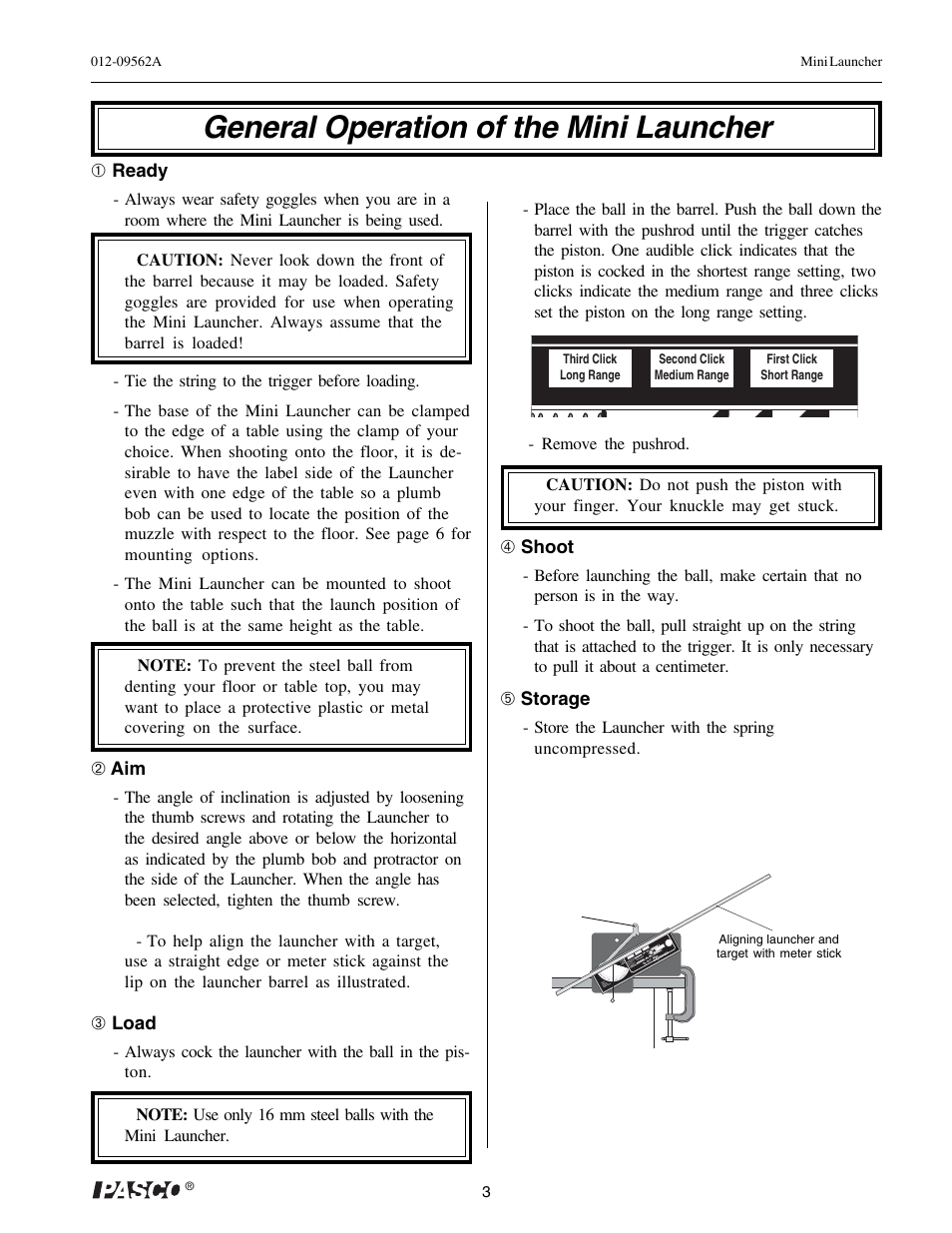 General operation of the mini launcher, Shoot, Storage | Ready, Load | PASCO ME-6825A MINI LAUNCHER User Manual | Page 5 / 39