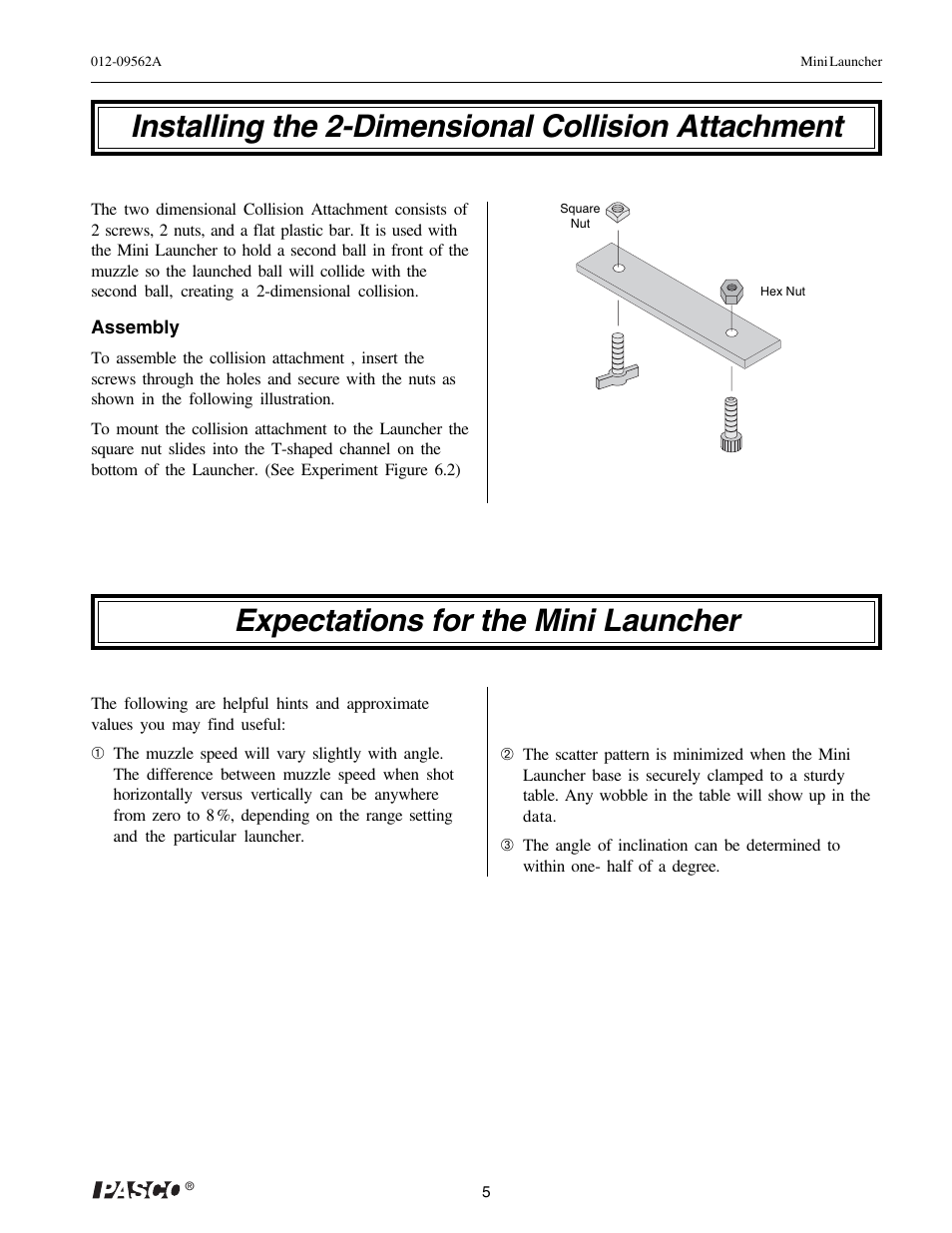 Installing the 2-dimensional collision attachment, Expectations for the mini launcher | PASCO ME-6825A MINI LAUNCHER User Manual | Page 7 / 39