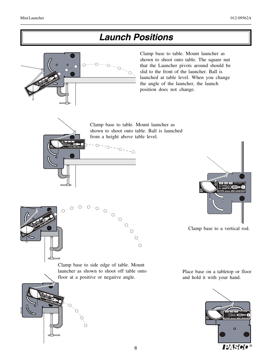 Launch positions | PASCO ME-6825A MINI LAUNCHER User Manual | Page 8 / 39