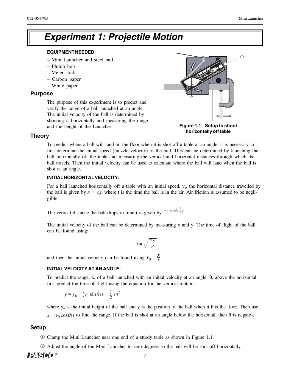 Experiment 1: projectile motion | PASCO ME-6825A MINI LAUNCHER User Manual | Page 9 / 39