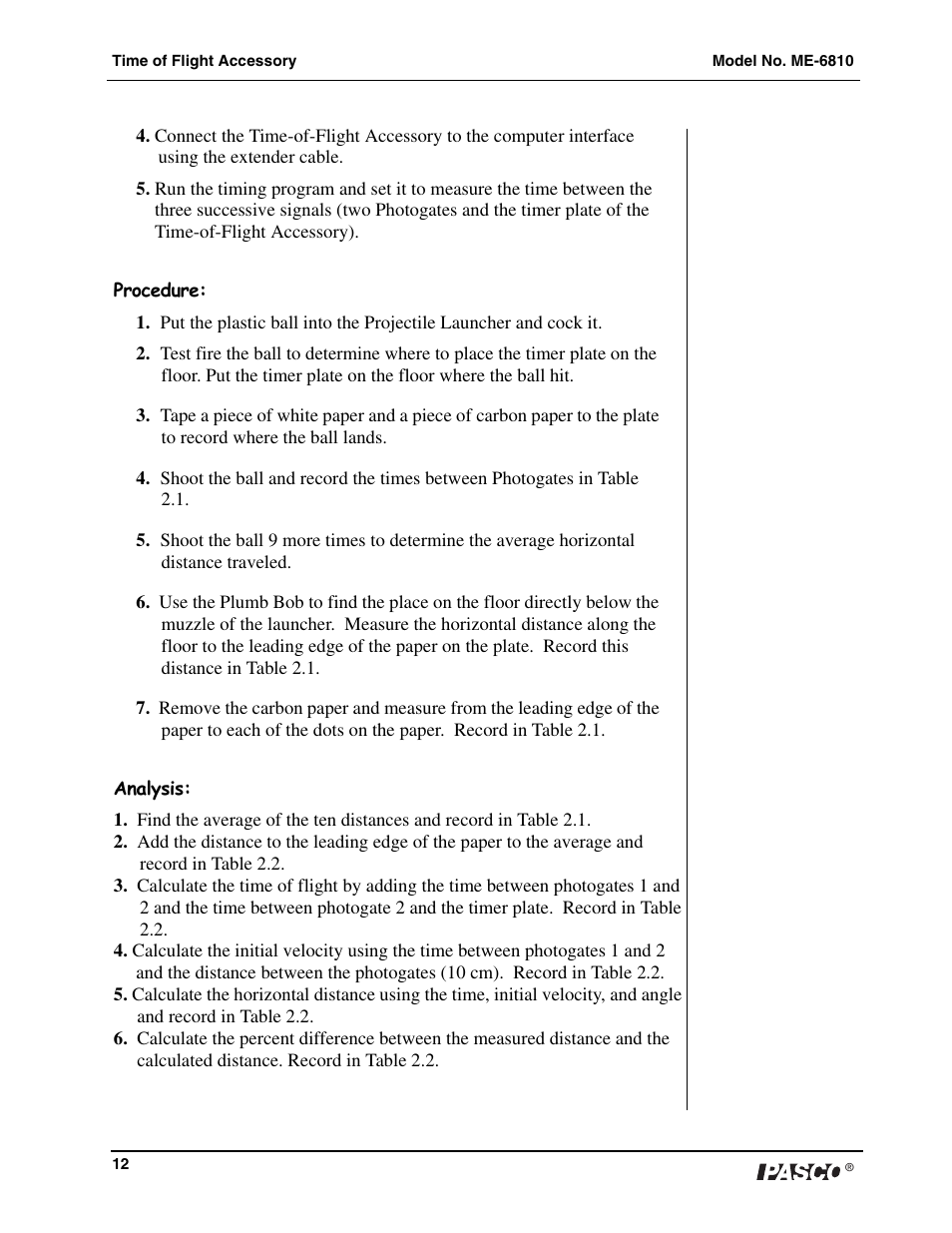 PASCO ME-6810 Time of Flight Accessory User Manual | Page 12 / 24