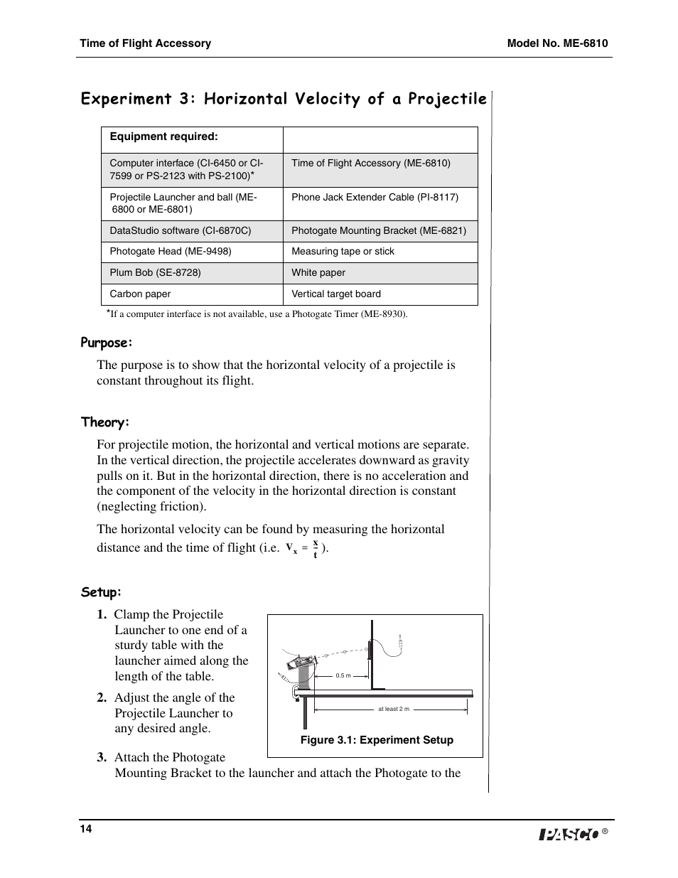 Experiment 3: horizontal velocity of a projectile | PASCO ME-6810 Time of Flight Accessory User Manual | Page 14 / 24