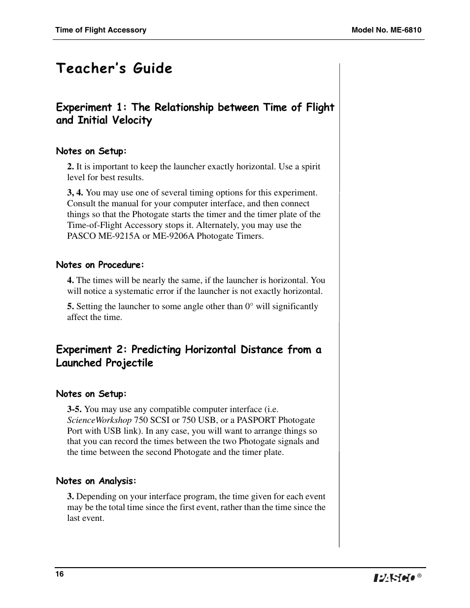 Teacher’s guide | PASCO ME-6810 Time of Flight Accessory User Manual | Page 16 / 24