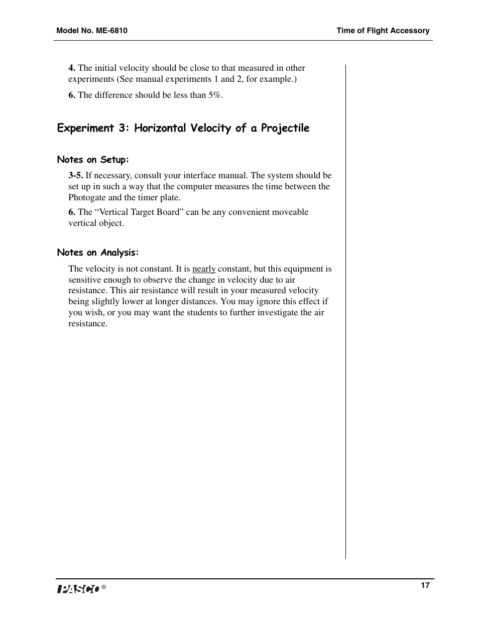 Experiment 3: horizontal velocity of a projectile | PASCO ME-6810 Time of Flight Accessory User Manual | Page 17 / 24