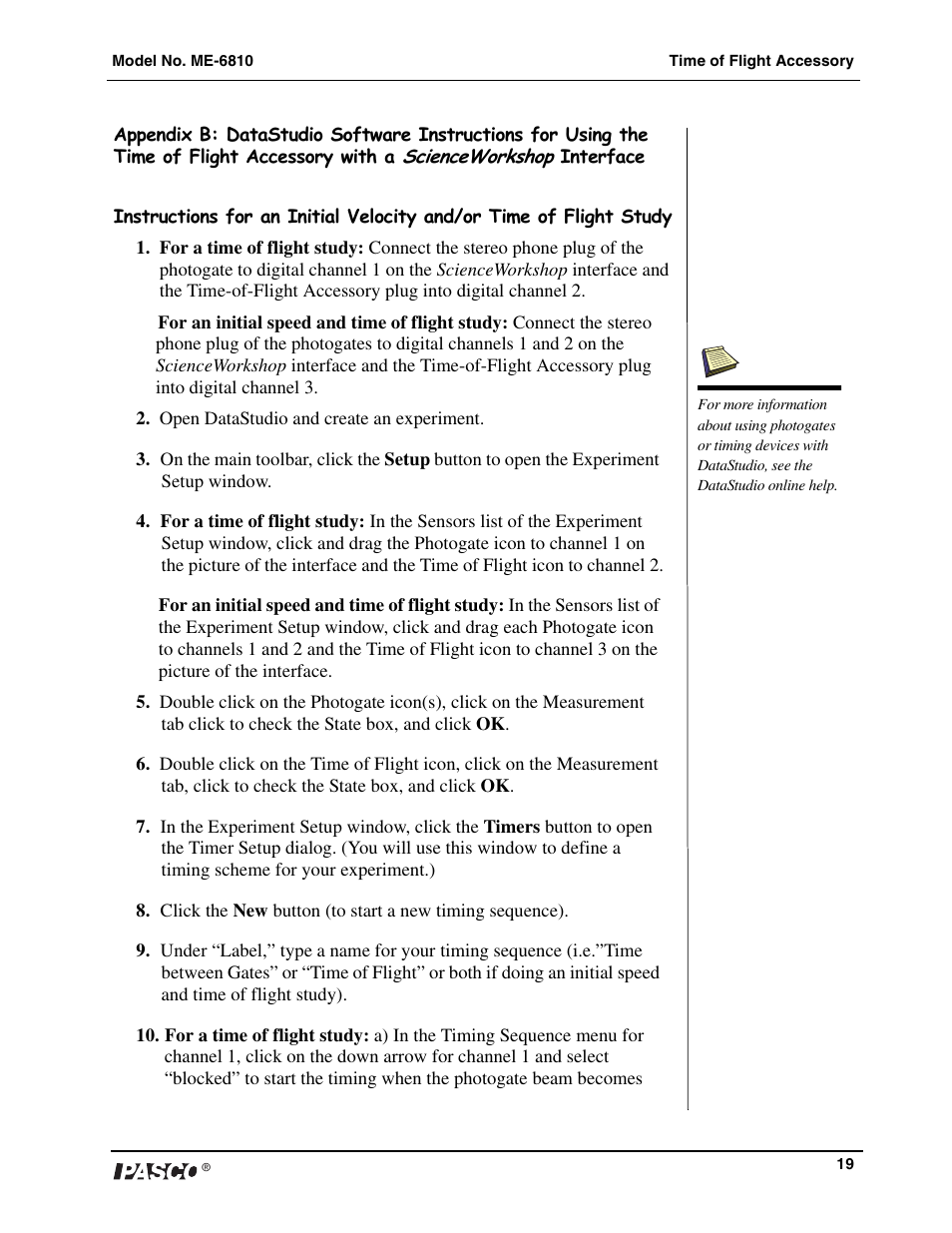 PASCO ME-6810 Time of Flight Accessory User Manual | Page 19 / 24