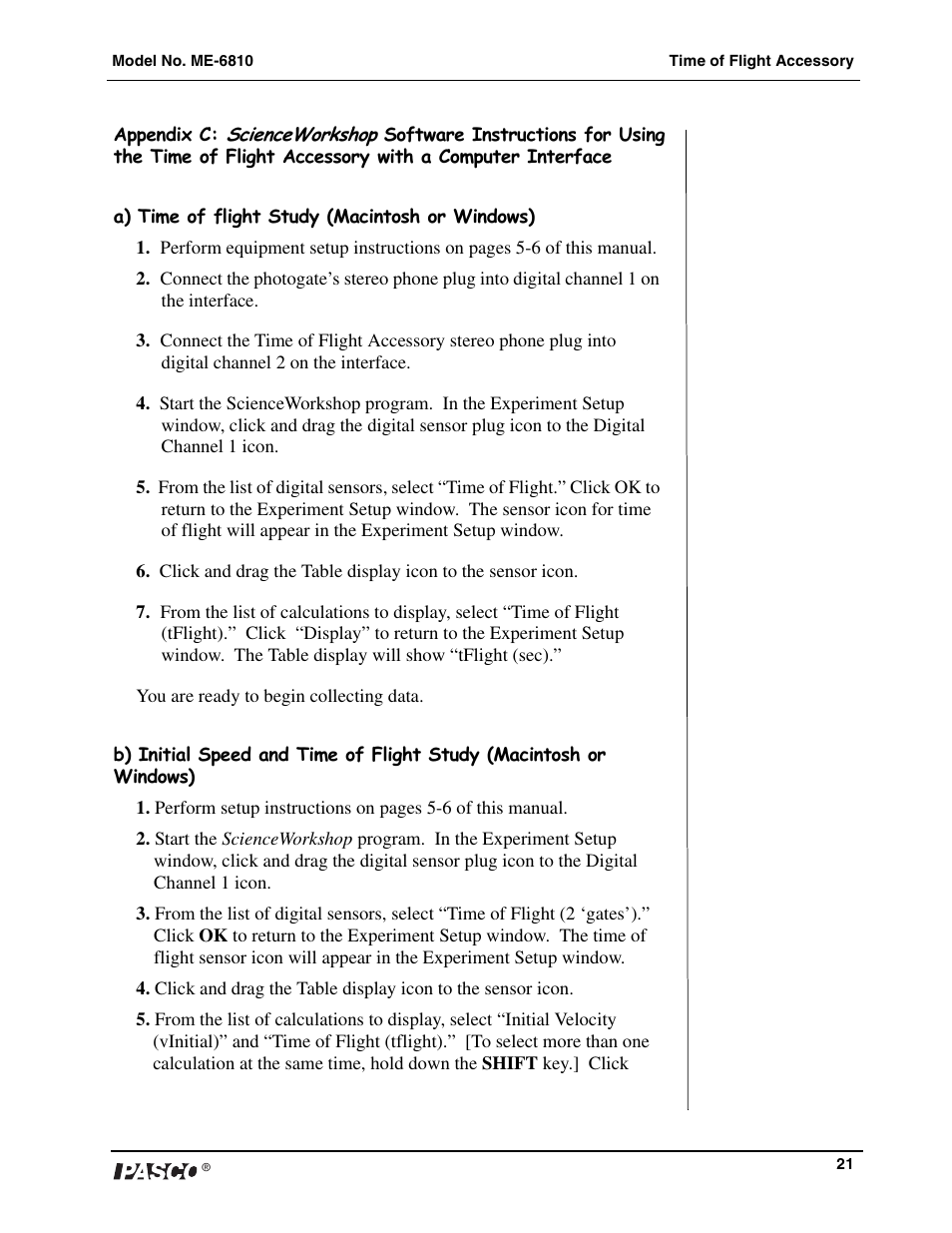 PASCO ME-6810 Time of Flight Accessory User Manual | Page 21 / 24