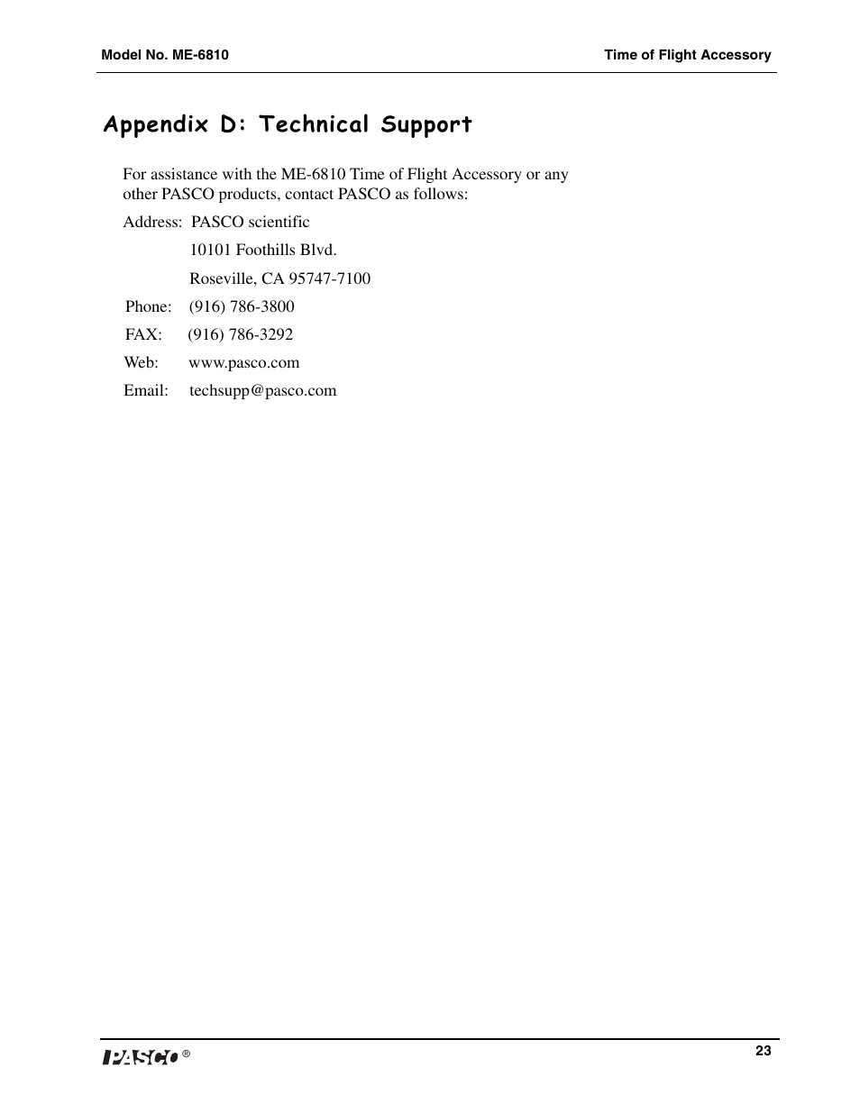Appendix d: technical support | PASCO ME-6810 Time of Flight Accessory User Manual | Page 23 / 24