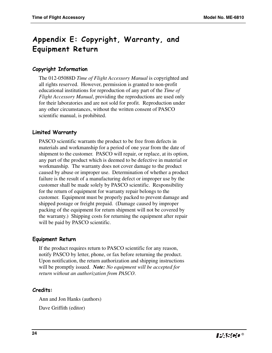 PASCO ME-6810 Time of Flight Accessory User Manual | Page 24 / 24