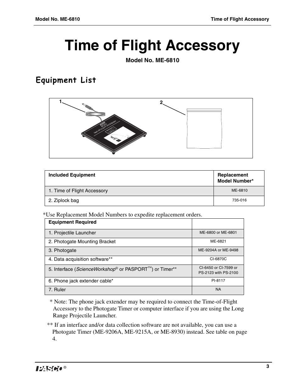 Time of flight accessory, Equipment list, Model no. me-6810 | PASCO ME-6810 Time of Flight Accessory User Manual | Page 3 / 24