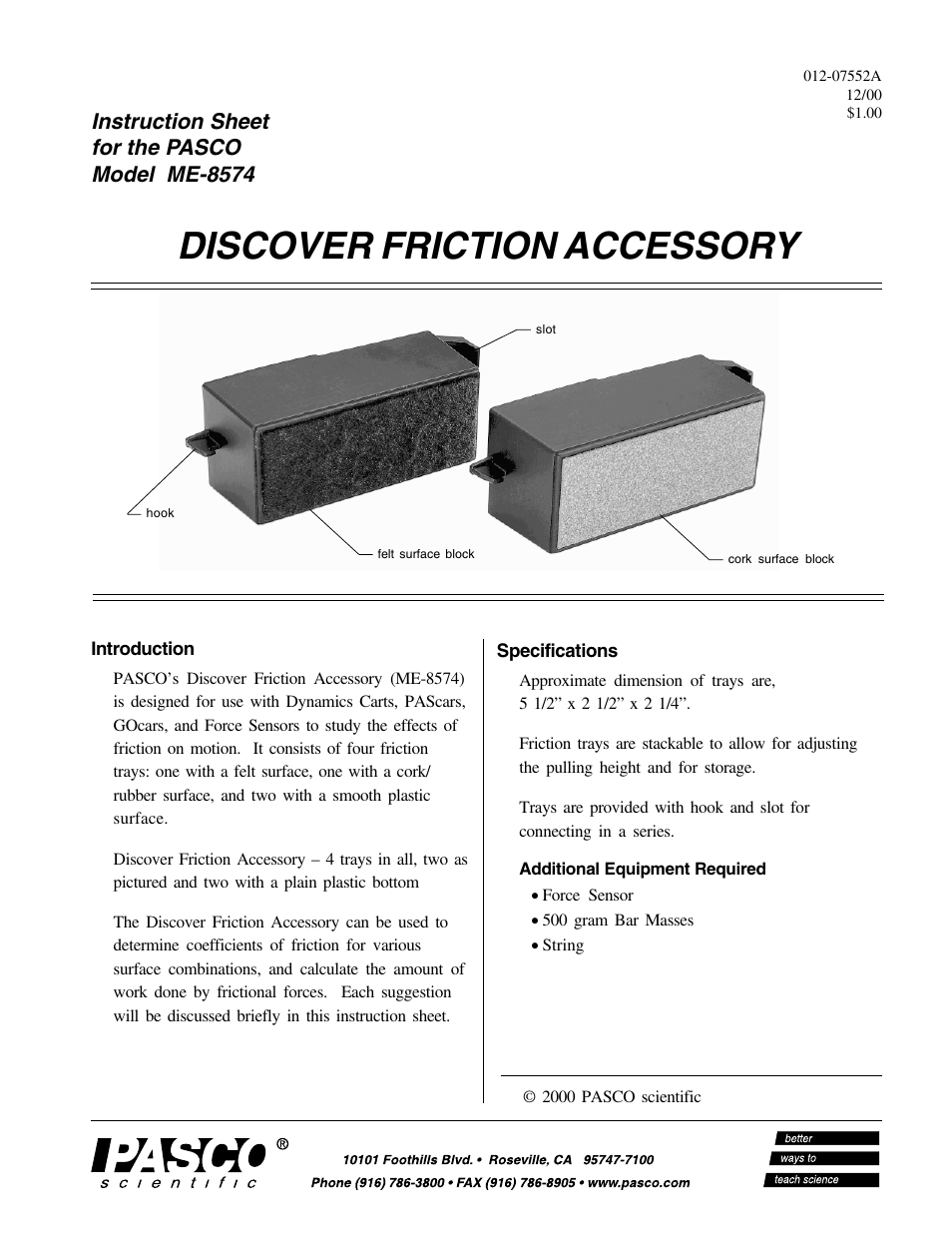 PASCO ME-8574 DISCOVER FRICTION ACCESSORY User Manual | 4 pages