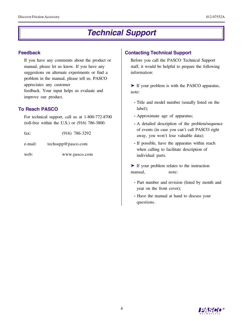 Technical support | PASCO ME-8574 DISCOVER FRICTION ACCESSORY User Manual | Page 4 / 4
