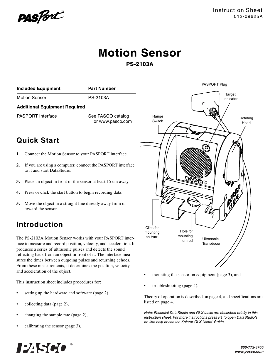 PASCO PS-2103A Motion Sensor User Manual | 4 pages