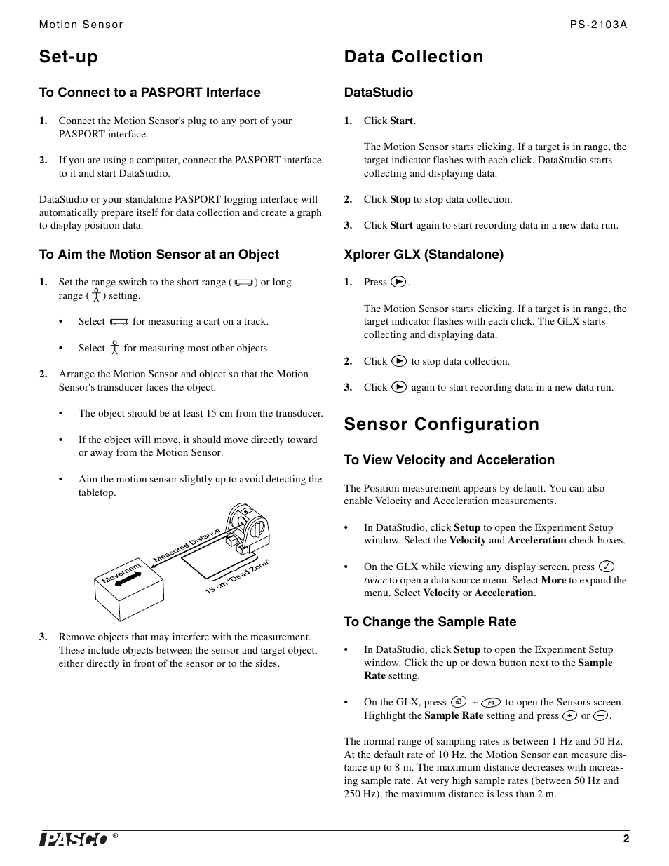 Set-up, Data collection, Sensor configuration | PASCO PS-2103A Motion Sensor User Manual | Page 2 / 4