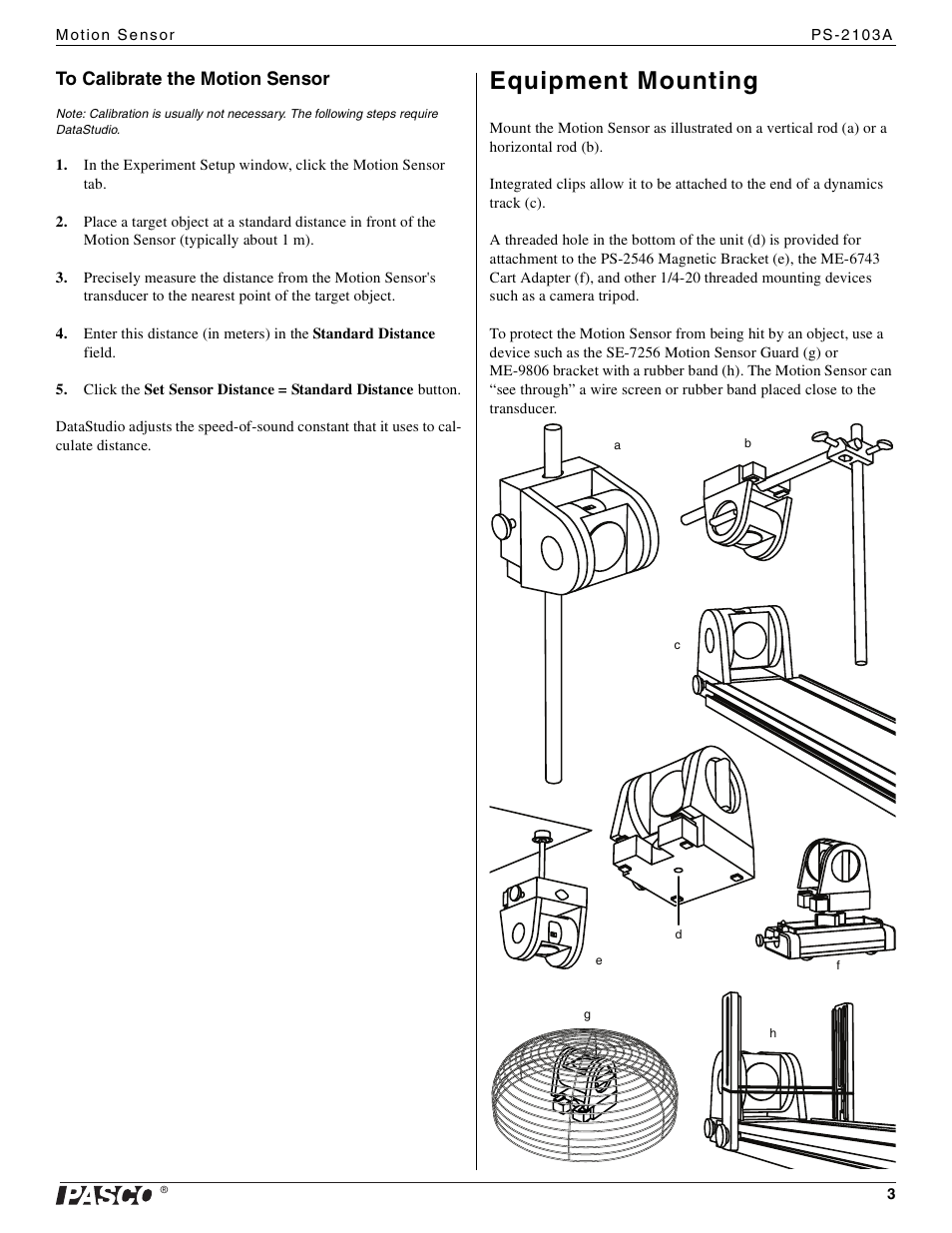 Equipment mounting | PASCO PS-2103A Motion Sensor User Manual | Page 3 / 4