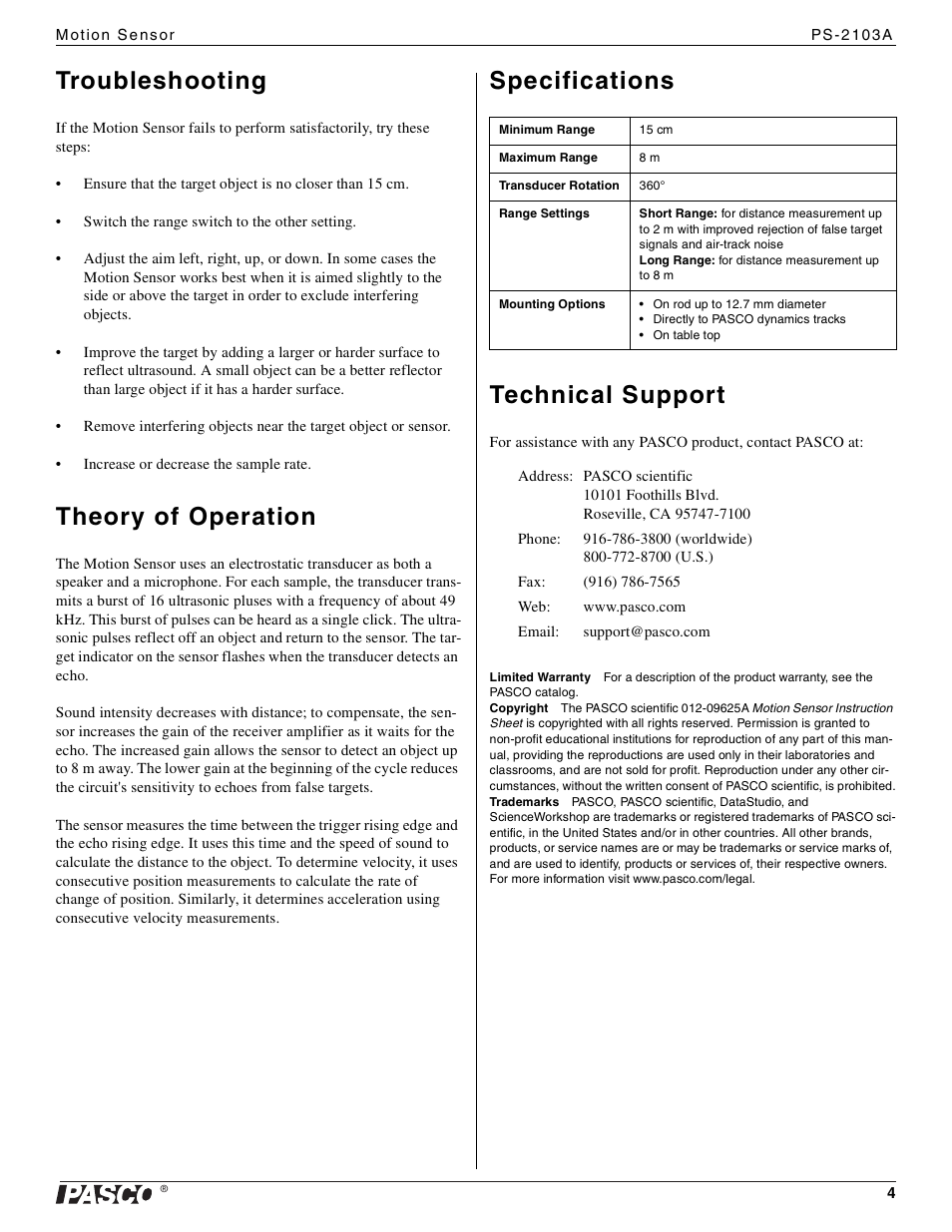 Troubleshooting, Theory of operation, Specifications technical support | PASCO PS-2103A Motion Sensor User Manual | Page 4 / 4