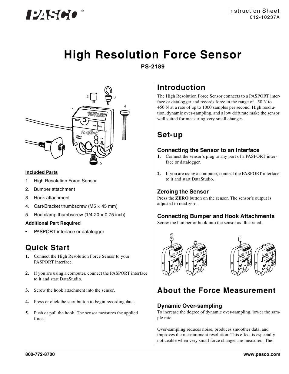 PASCO PS-2189 High Resolution Force Sensor User Manual | 2 pages