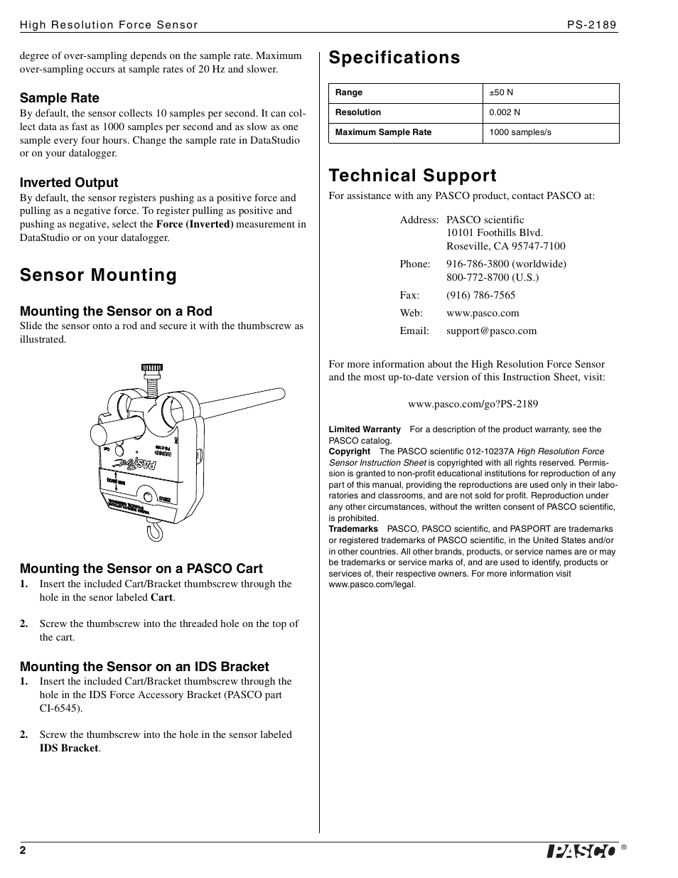 Sensor mounting, Specifications technical support | PASCO PS-2189 High Resolution Force Sensor User Manual | Page 2 / 2