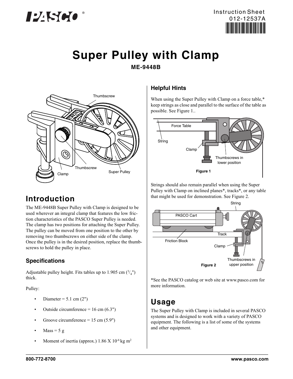 PASCO ME-9448B Super Pulley with Clamp User Manual | 2 pages