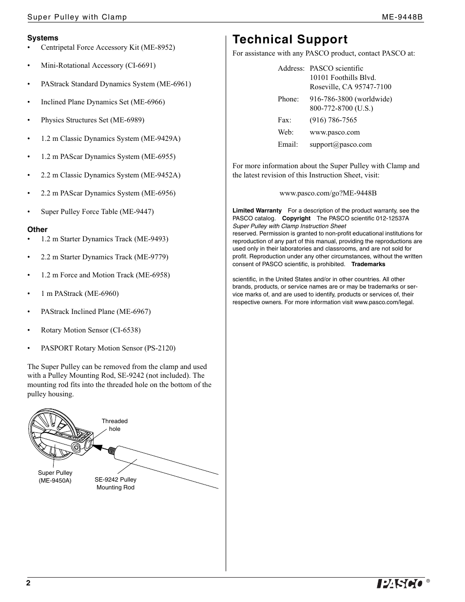 Technical support | PASCO ME-9448B Super Pulley with Clamp User Manual | Page 2 / 2