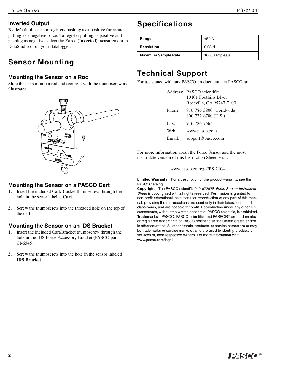 Sensor mounting, Specifications technical support | PASCO PS-2104 Force Sensor User Manual | Page 2 / 2