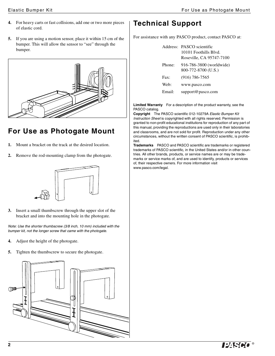 For use as photogate mount, Technical support | PASCO ME-8998 Elastic Bumper Kit User Manual | Page 2 / 2