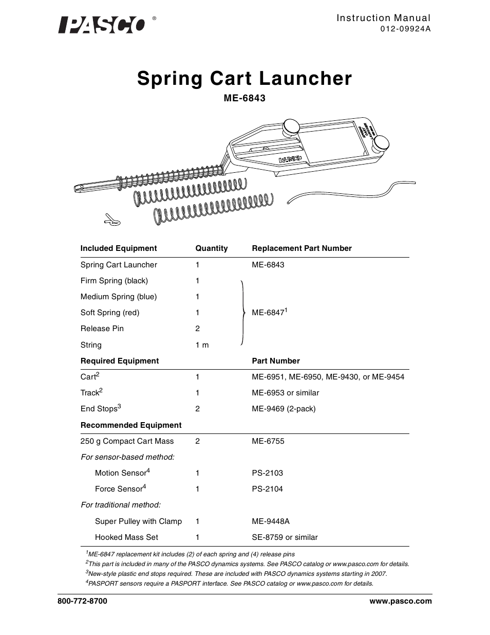 PASCO ME-6843 Spring Cart Launcher User Manual | 9 pages