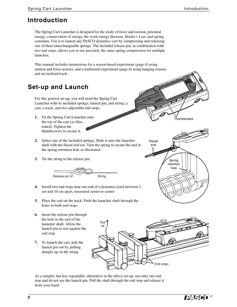 Introduction, Set-up and launch | PASCO ME-6843 Spring Cart Launcher User Manual | Page 2 / 9