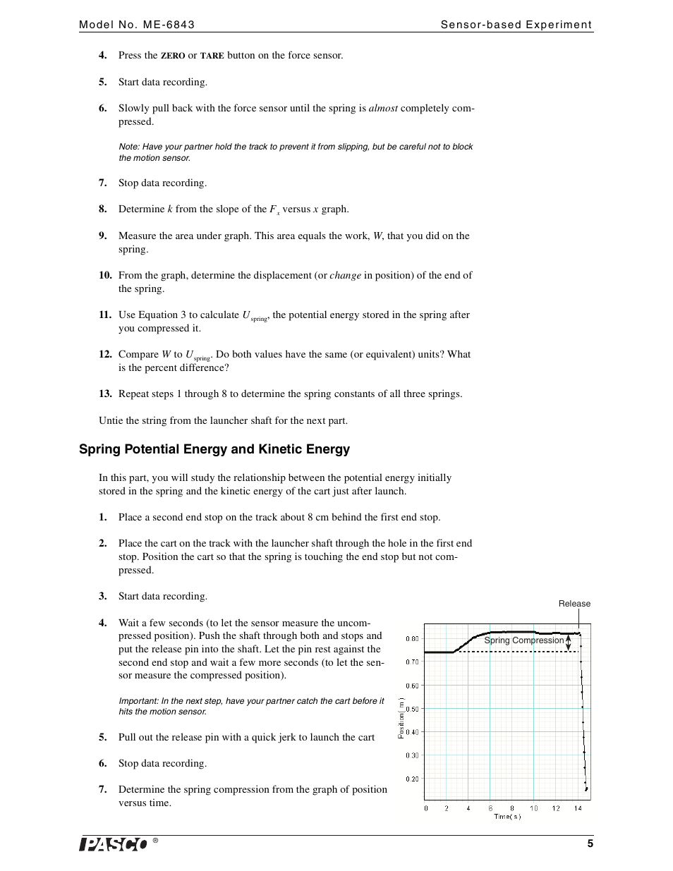 Spring potential energy and kinetic energy | PASCO ME-6843 Spring Cart Launcher User Manual | Page 5 / 9