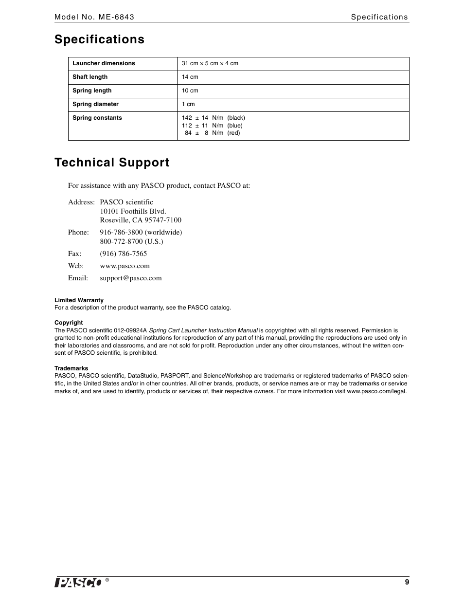 Specifications, Technical support, Limited warranty | Copyright, Trademarks, Specifications technical support | PASCO ME-6843 Spring Cart Launcher User Manual | Page 9 / 9