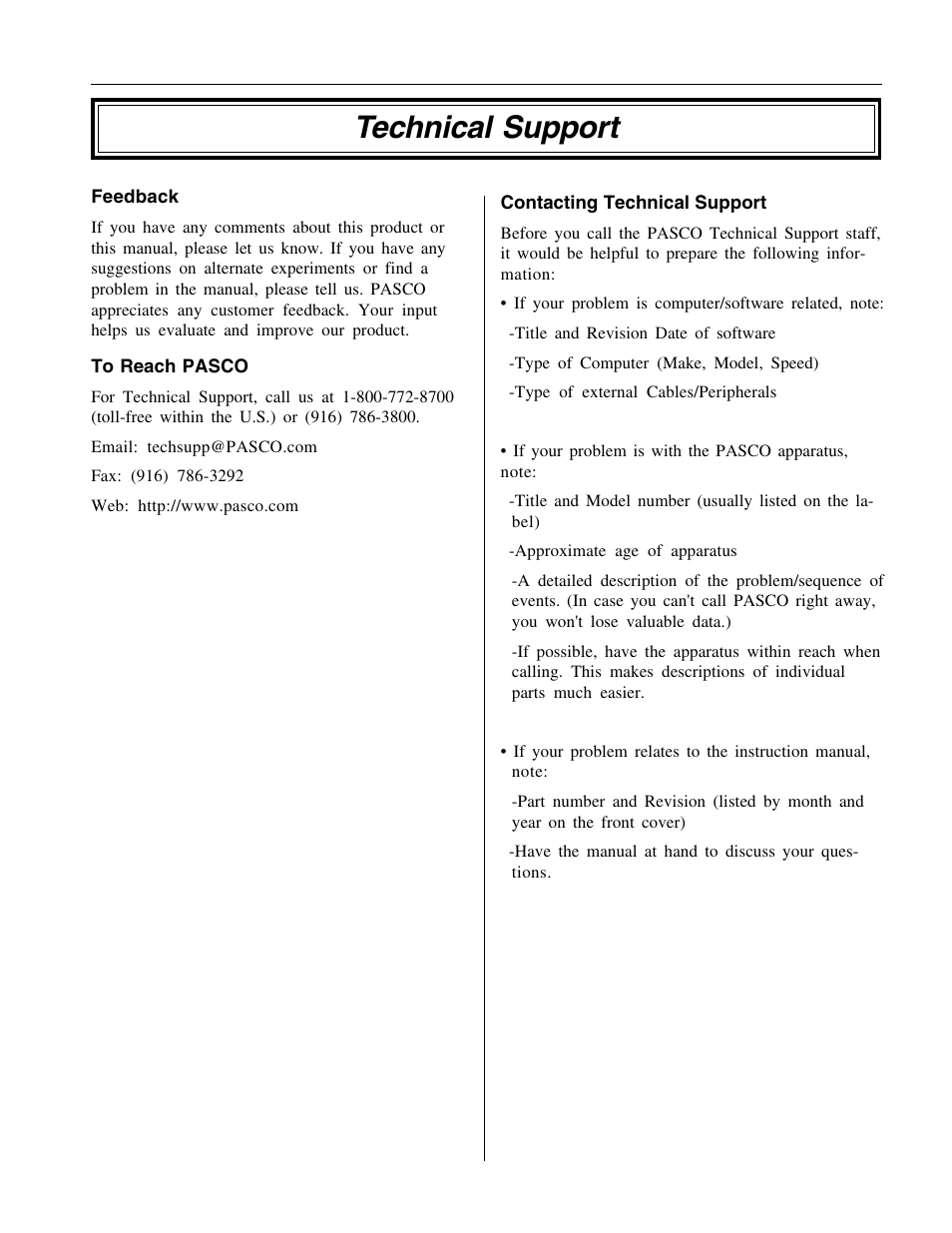 Technical support | PASCO ME-6950 PAScar with Mass User Manual | Page 26 / 29