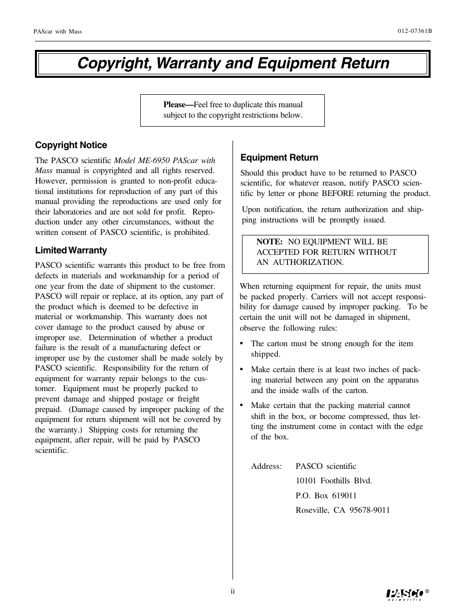 Copyright, warranty and equipment return | PASCO ME-6950 PAScar with Mass User Manual | Page 29 / 29