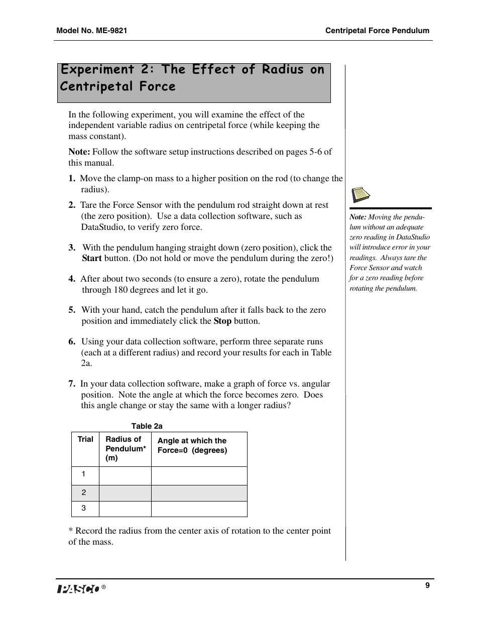 PASCO ME-9821 Centripetal Force Pendulum User Manual | Page 10 / 18
