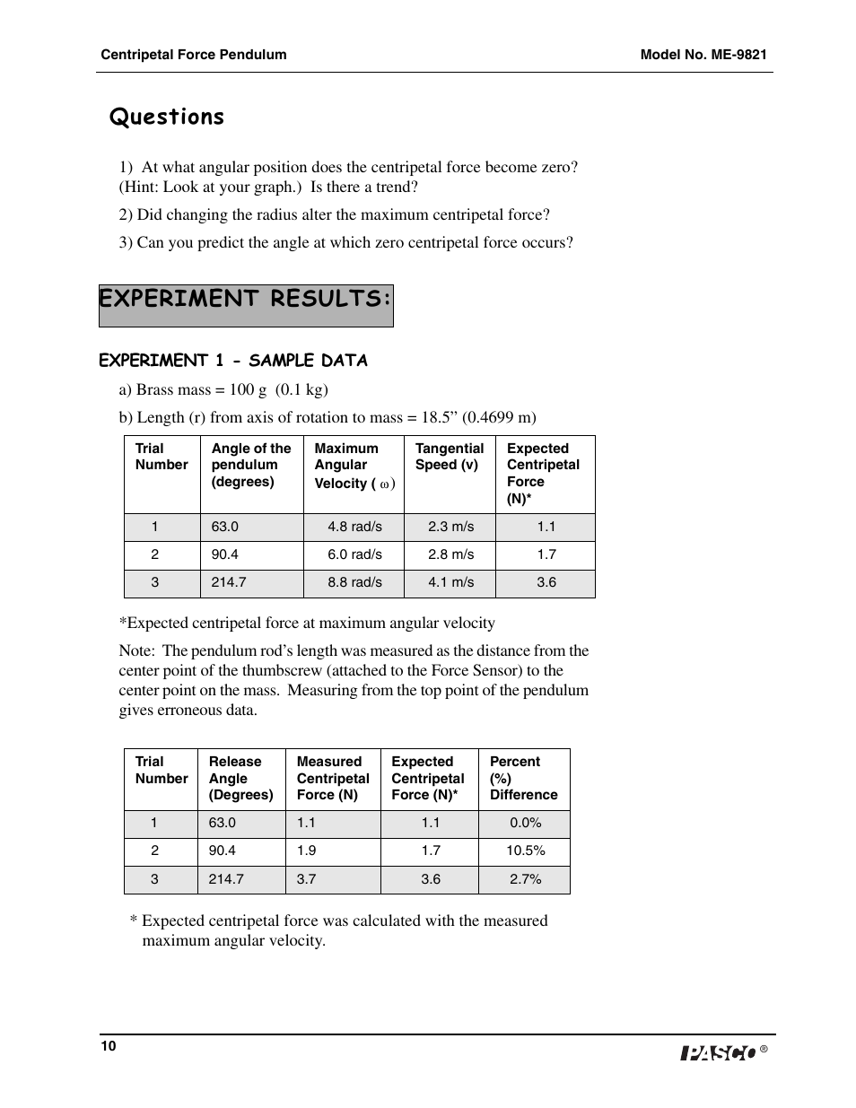 Questions, Experiment results | PASCO ME-9821 Centripetal Force Pendulum User Manual | Page 11 / 18