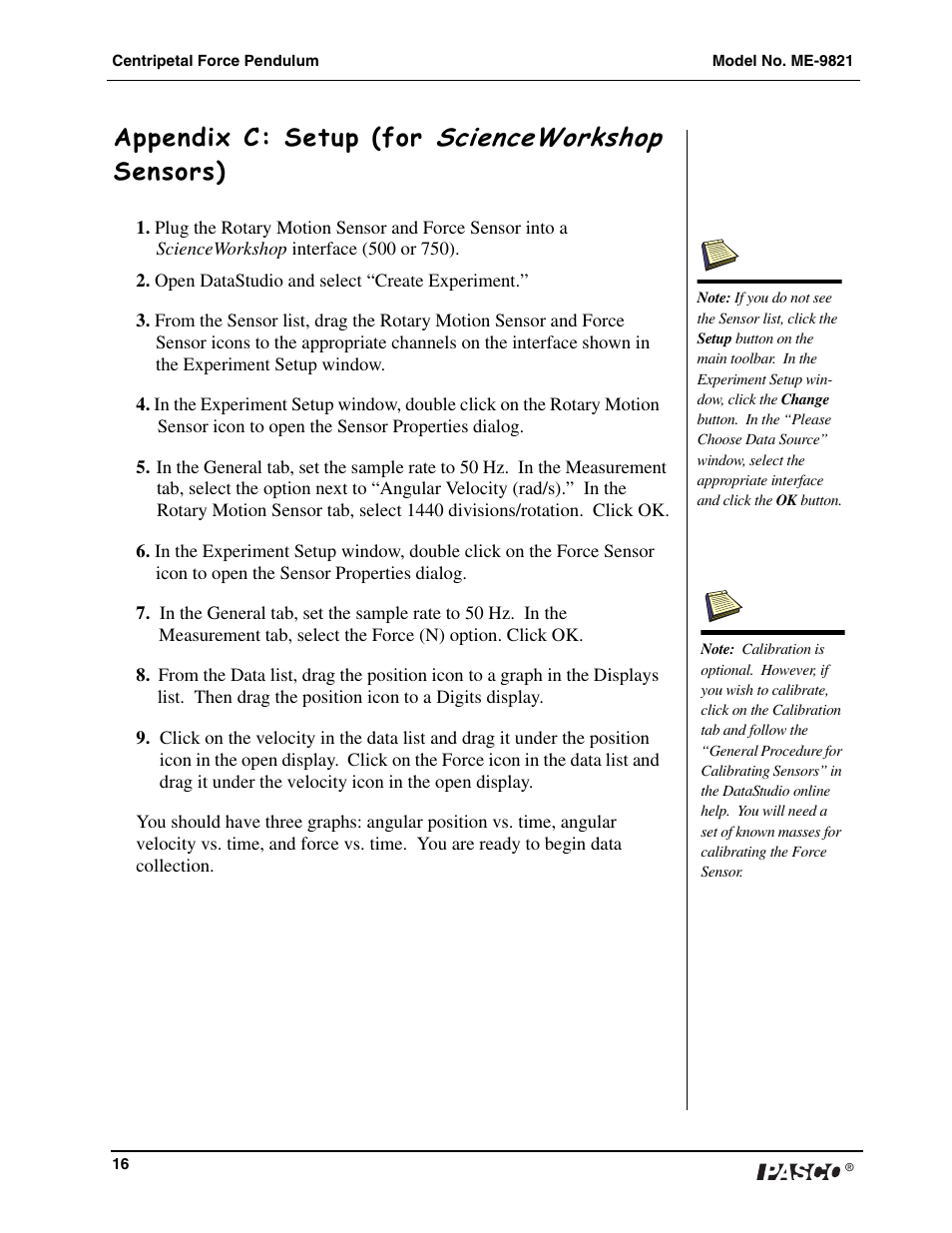 Scienceworkshop, Appendix c: setup (for, Sensors) | PASCO ME-9821 Centripetal Force Pendulum User Manual | Page 17 / 18