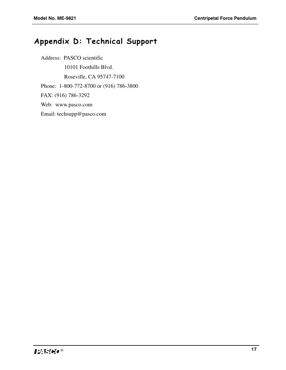Appendix d: technical support | PASCO ME-9821 Centripetal Force Pendulum User Manual | Page 18 / 18