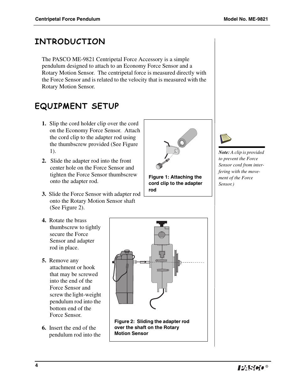 Introduction, Equipment setup | PASCO ME-9821 Centripetal Force Pendulum User Manual | Page 5 / 18
