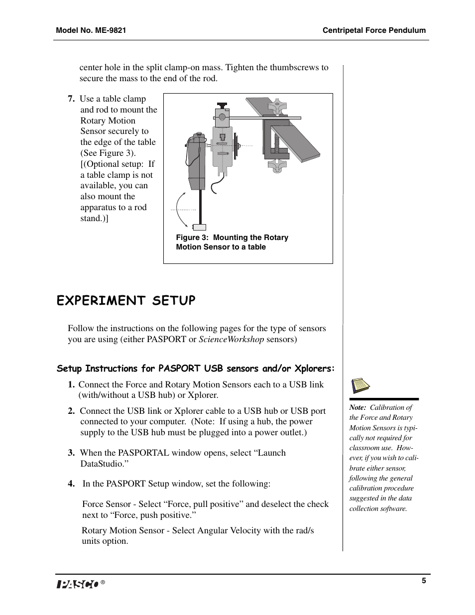Experiment setup | PASCO ME-9821 Centripetal Force Pendulum User Manual | Page 6 / 18