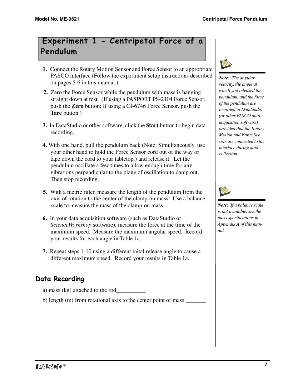 Experiment 1 - centripetal force of a pendulum | PASCO ME-9821 Centripetal Force Pendulum User Manual | Page 8 / 18