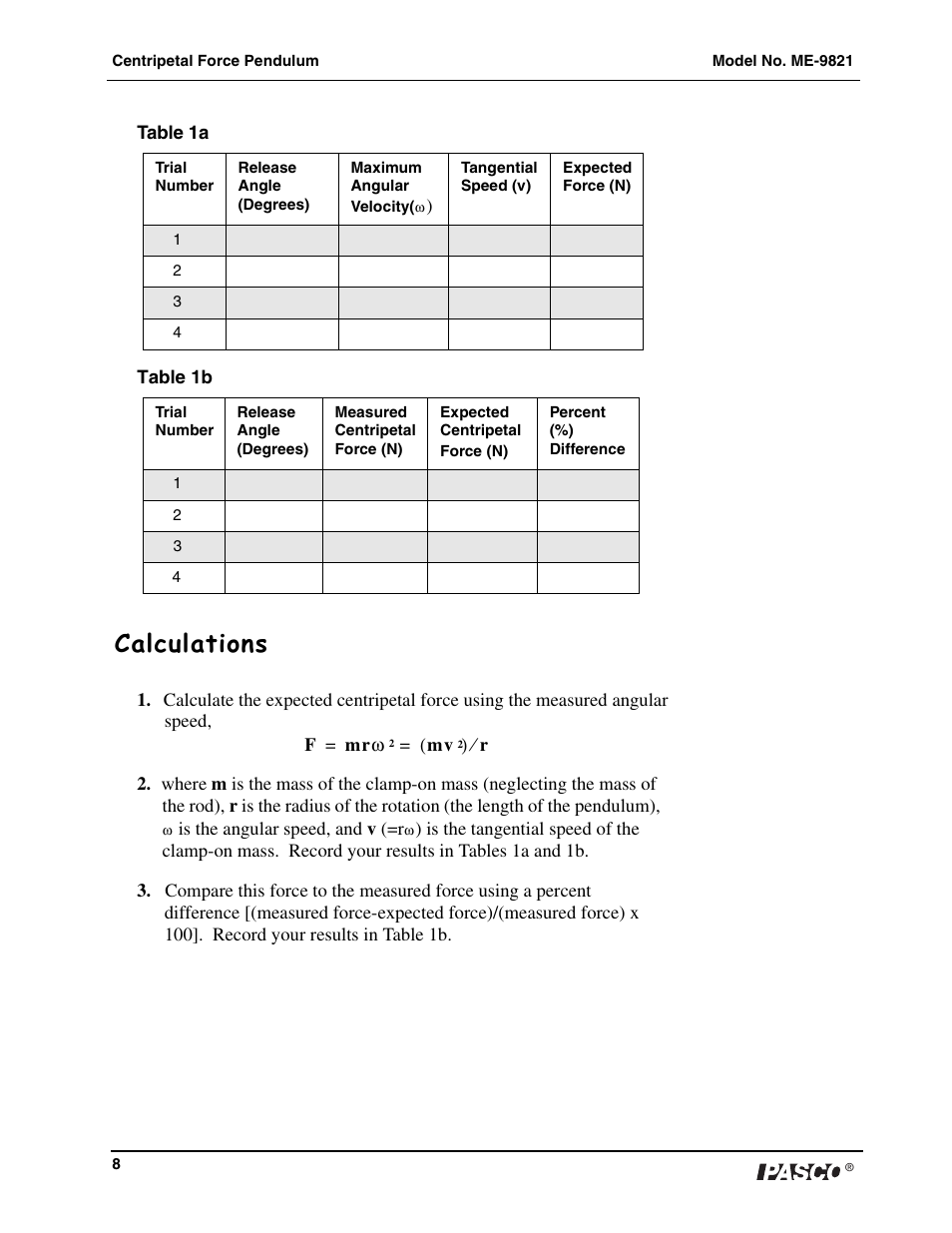 Calculations | PASCO ME-9821 Centripetal Force Pendulum User Manual | Page 9 / 18