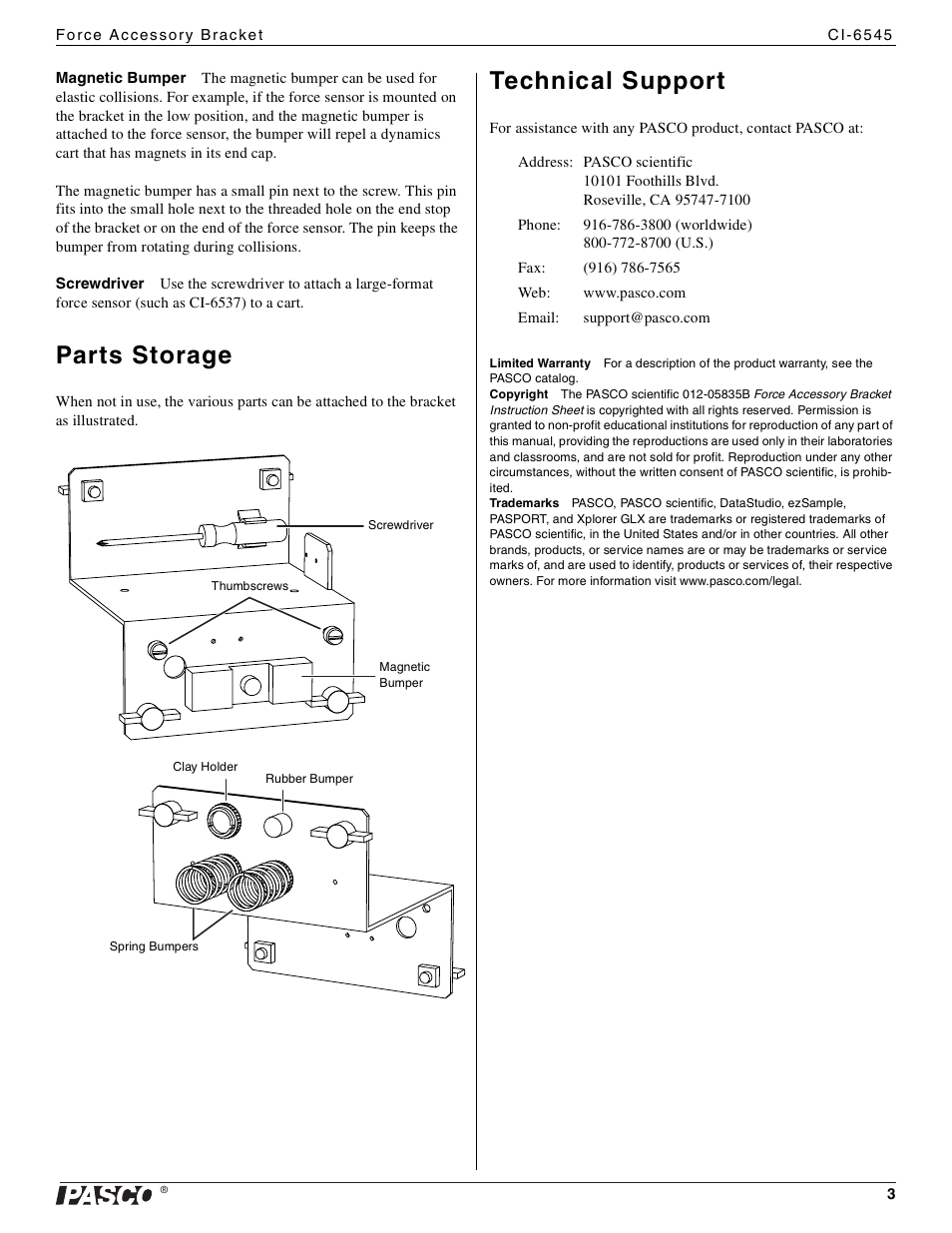 Parts storage, Technical support | PASCO CI-6545 Force Accessory Bracket User Manual | Page 3 / 3