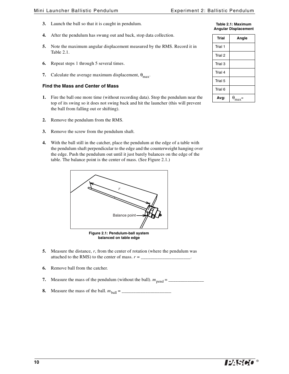 PASCO ME-6829 Mini Launcher Ballistic Pendulum User Manual | Page 10 / 18