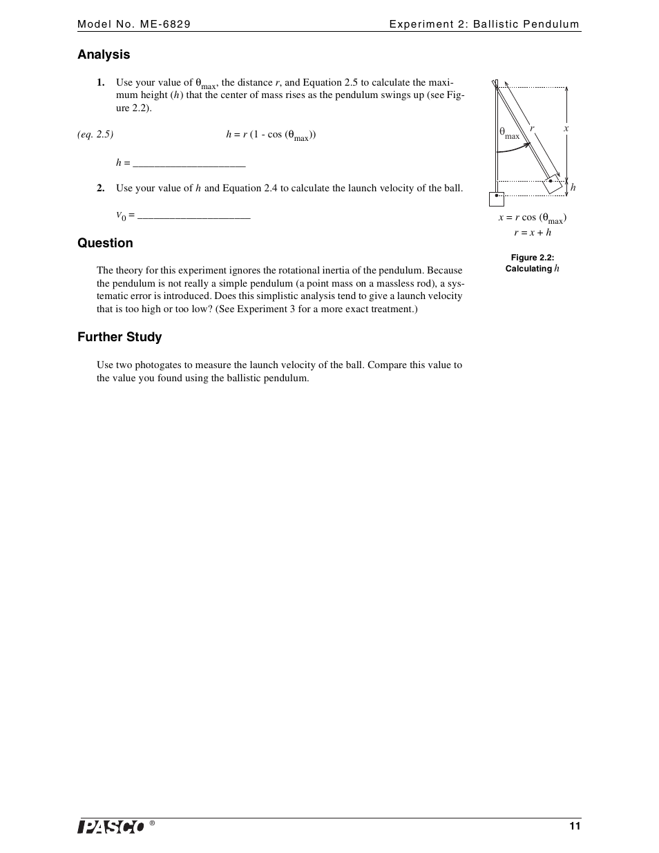 Analysis, Question, Further study | PASCO ME-6829 Mini Launcher Ballistic Pendulum User Manual | Page 11 / 18