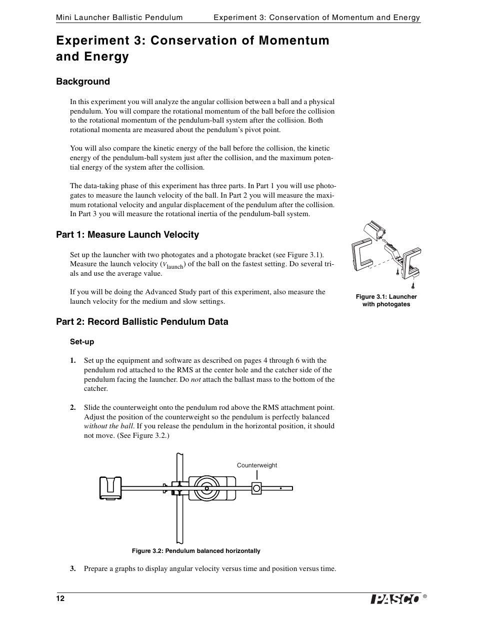 Experiment 3: conservation of momentum and energy | PASCO ME-6829 Mini Launcher Ballistic Pendulum User Manual | Page 12 / 18