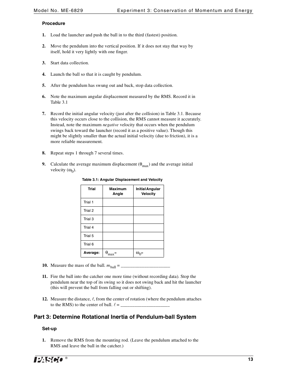 PASCO ME-6829 Mini Launcher Ballistic Pendulum User Manual | Page 13 / 18