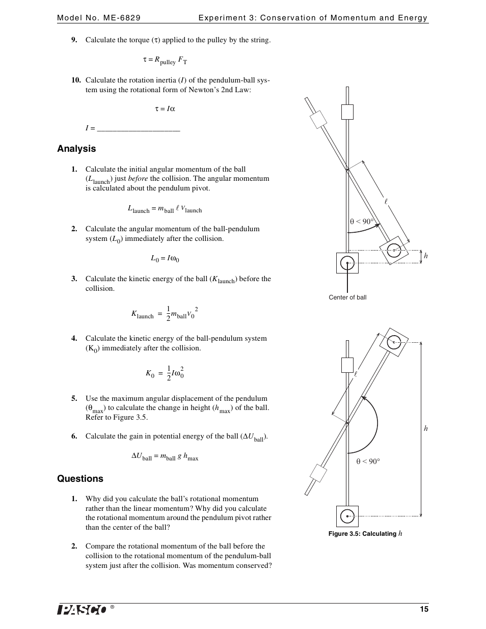 Analysis, Questions | PASCO ME-6829 Mini Launcher Ballistic Pendulum User Manual | Page 15 / 18