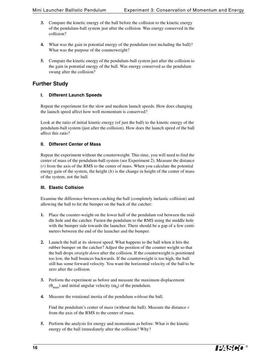 PASCO ME-6829 Mini Launcher Ballistic Pendulum User Manual | Page 16 / 18